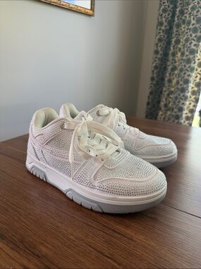 White womens' Sparkle Lace-Up Sneakers rhinestones